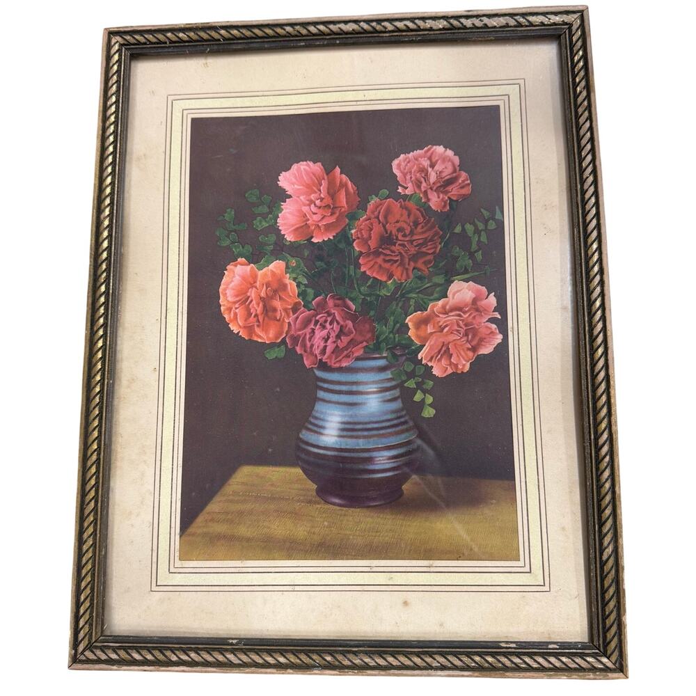 Vintage Antique Wood Framed Floral Print Carnations In A Vase Flowers Wall Decor